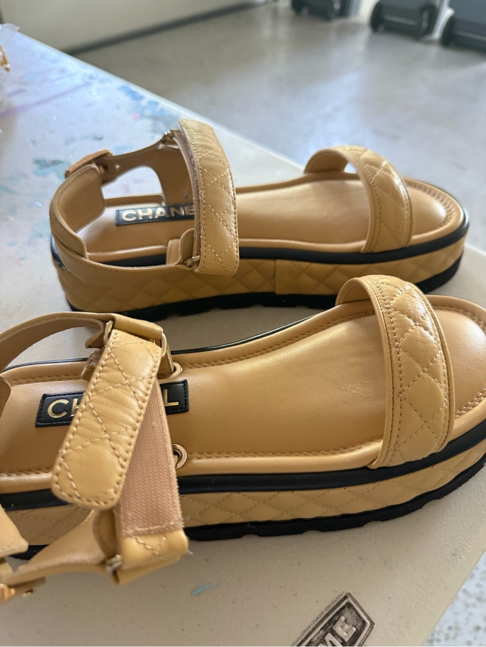CHANEL Tan Leather Platform Sandals with Quilted Straps